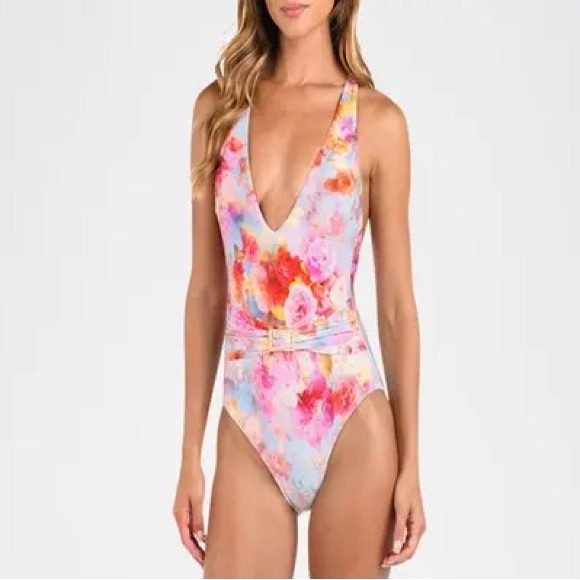 L'AGENCE soft cloud floral Lisa plunge one piece swimsuit - Picture 1 of 5